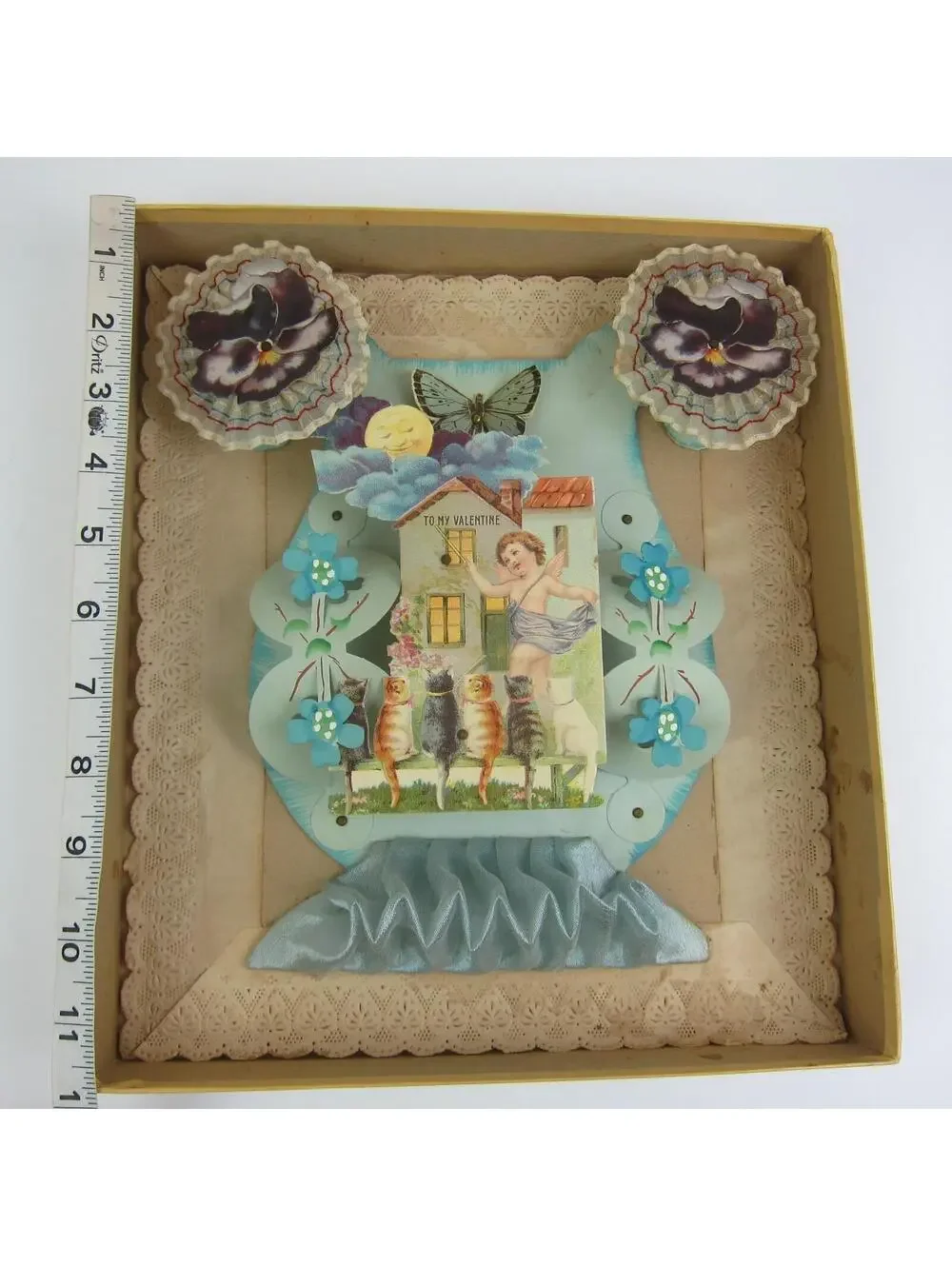 Antique Valentine 3D Cupid Cats Butterfly Moon Blue Fabric Large Store Box RARE